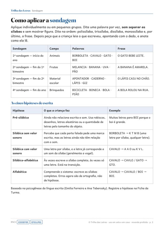 Página de orientações da sondagem com quadro das hipóteses