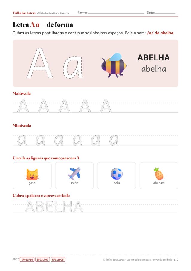 Página da letra A em letra de forma, com pontilhado para cobrir