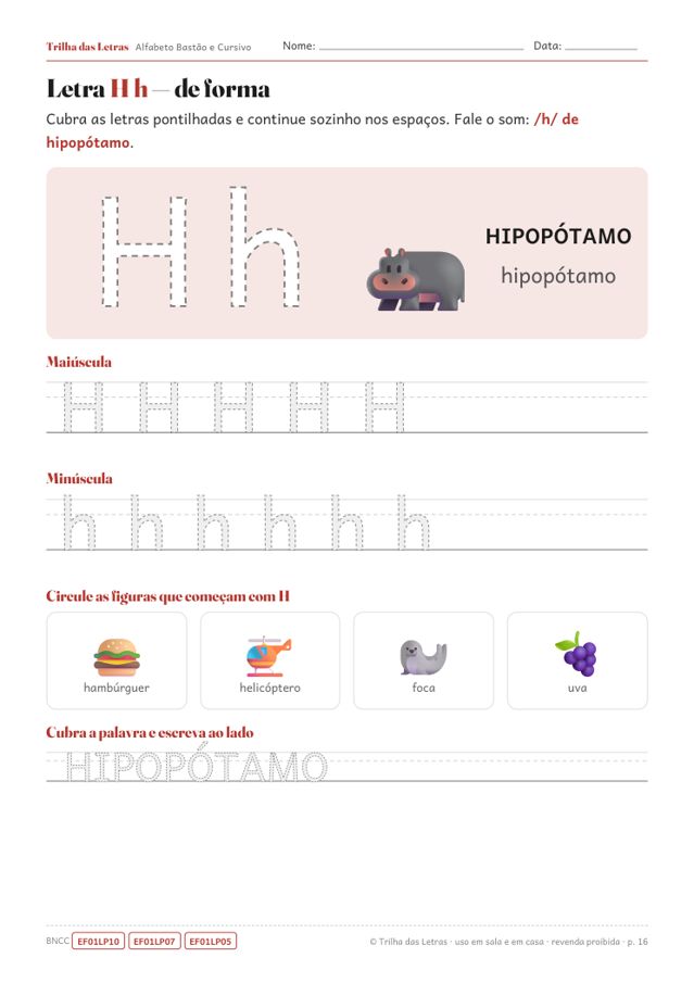 Página da letra H em letra de forma