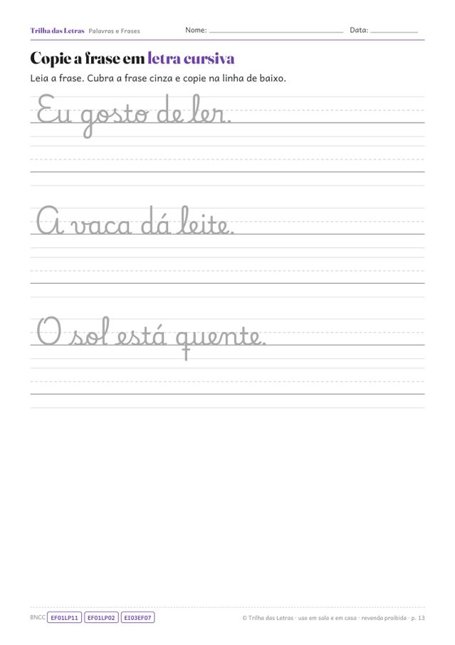 Página de copiar frases em letra cursiva